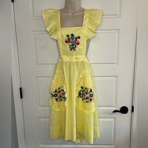Vintage 60’s Handmade Yellow Pinafore Apron Dress Oversized Pockets Embroidery